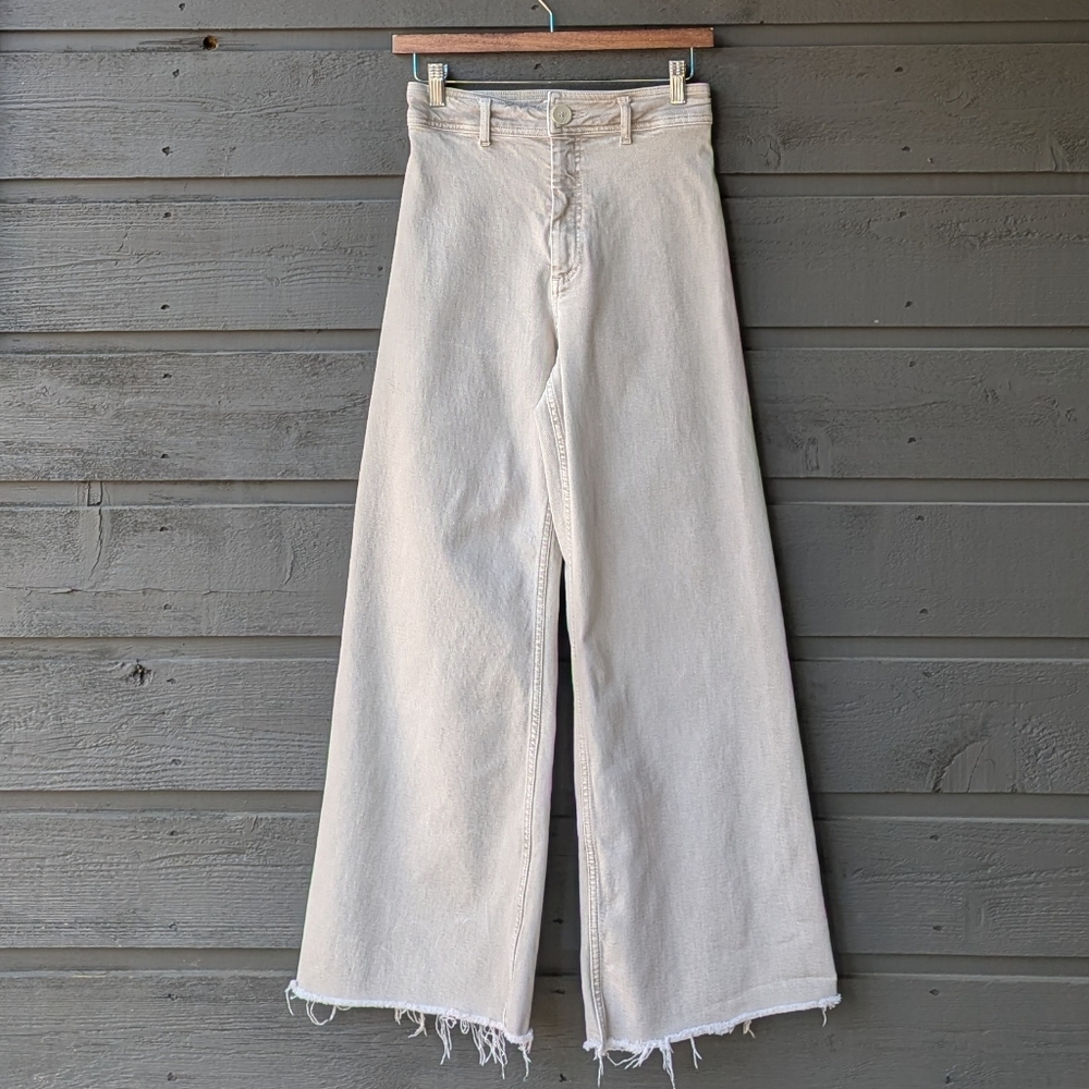 Zara High Rise Beige Cream Stretch Denim Wide-Leg Jeans Size 4 Raw Hem - Picture 8 of 8